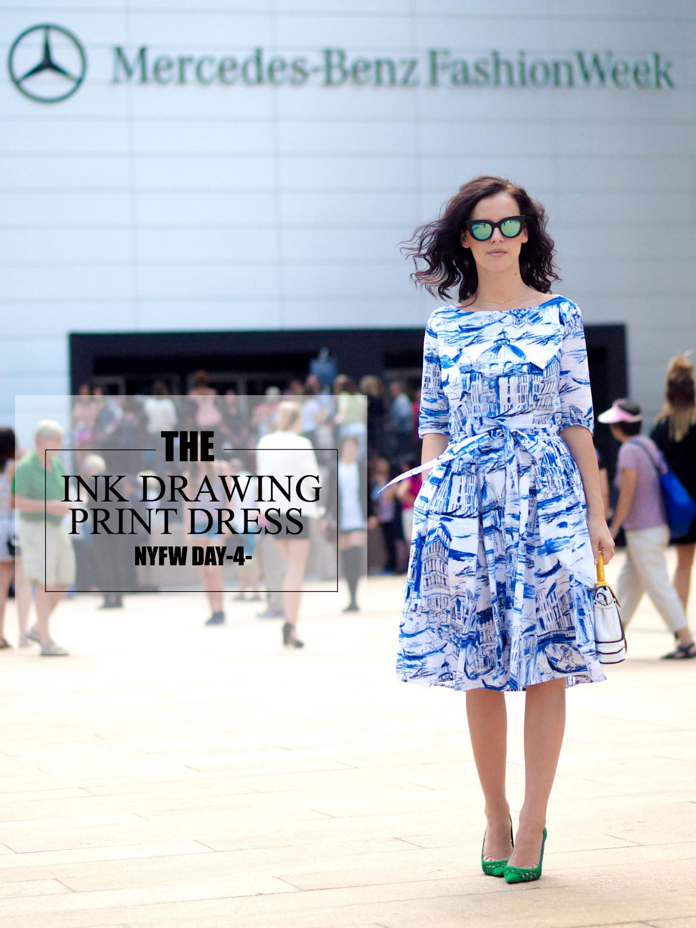 asos sunglasses, bittersweet colours, cooee jewelry, eye cat sunglasses, facine bag, green shoes, ink drawing print dress, lincoln Center nyfw, mirrored sunglasses, New York, nyfw september 2014, nyfw street style, pierre hardy shoes, printed dress,