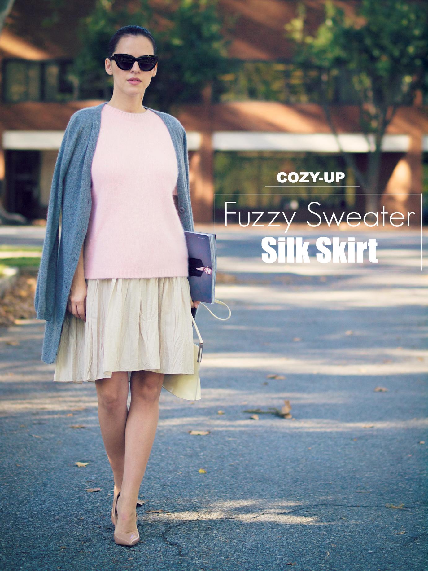 bittersweet colours, street style, fall trends, fuzzy sweater, silk skirt, christian louboutin shoes, furla bag, bcbg max azria, cardigan, pink sweater, asos sunglasses, fall mix, pastel colors, pleated skirt,