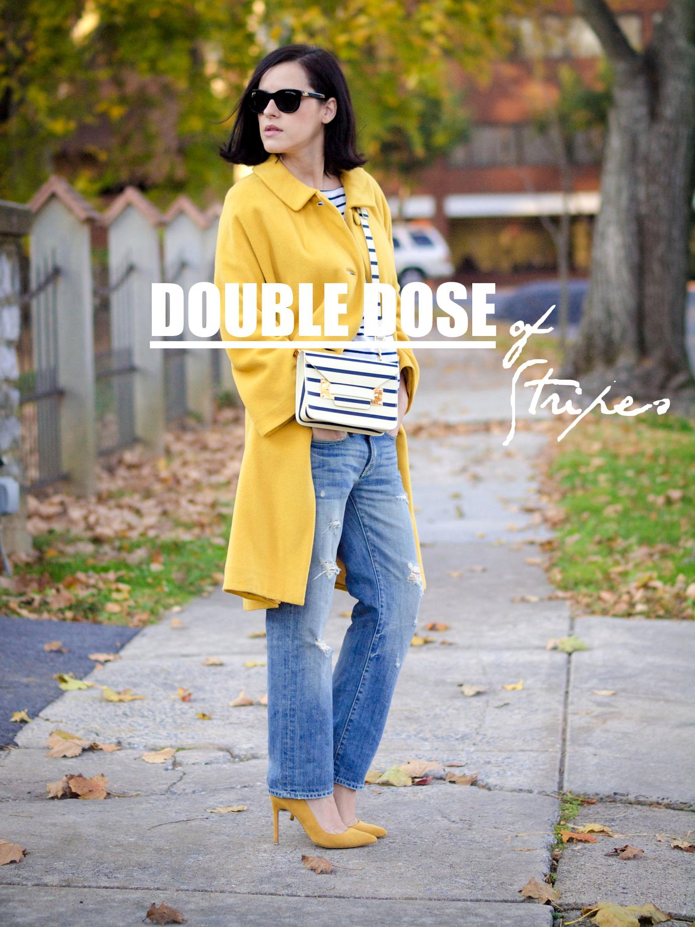 bittersweet colours, fall coats, yellow coat, sophie hulme bag, stripes, boyfriend jeans, yellow shoes, maternity style, 22 weeks, bumb style, fall street style, street style,
