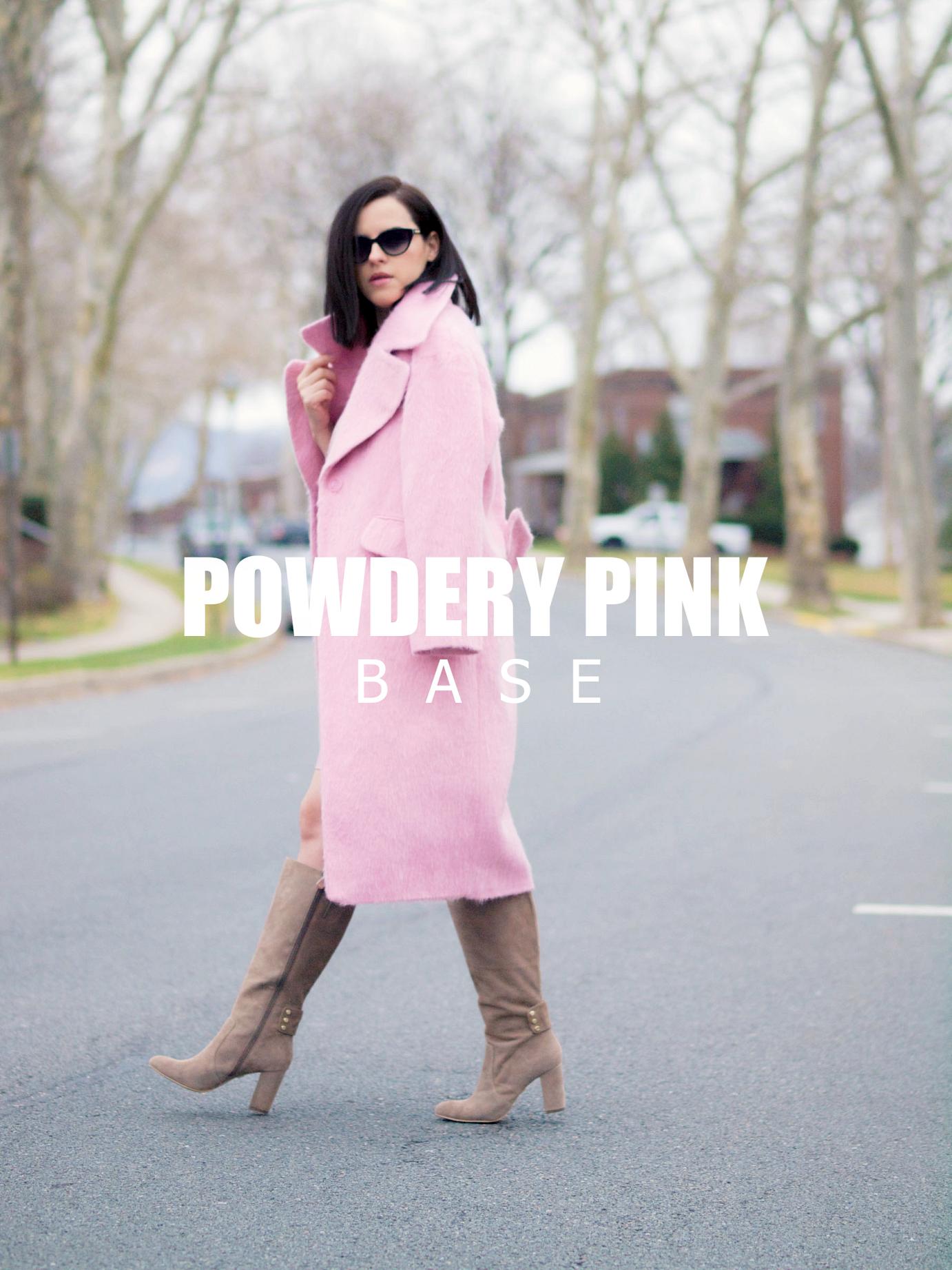 bittersweet colours, pink coat, asos coat, pink dress, piol dress, anne klein boots, suede boots, fall street style, street style, maternity style, 26 weeks, monochrome look, pastels, powdery pink, fuzzy coat,