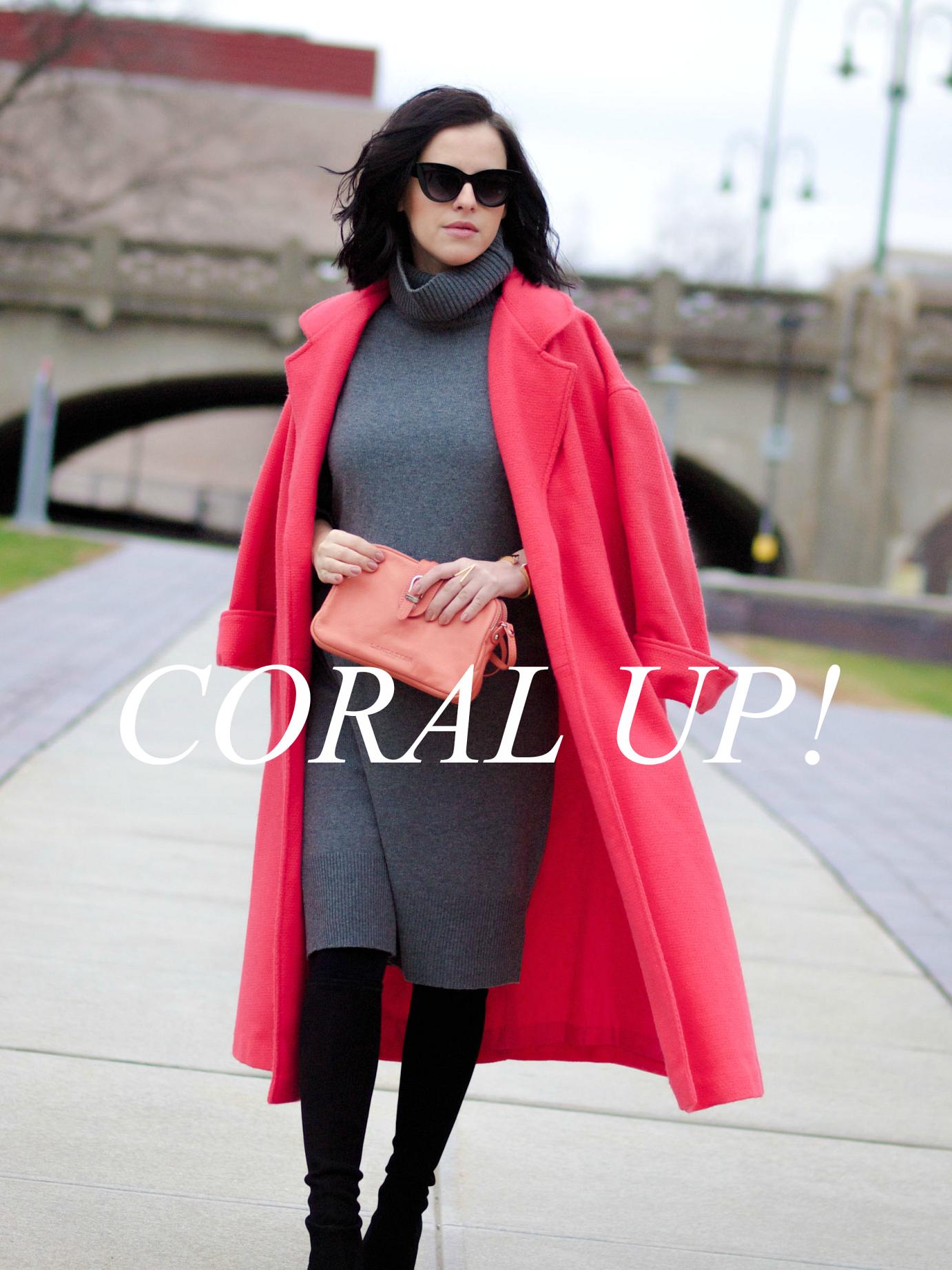 bittersweet colours, fall street style, street style, coral coat, colorful coats, jumper dress, grey dress, stuart weitzman boots, suede boots, eye cat sunglasses, melanie auld jewelry, lancaster paris bag, maternity style, 27 weeks,